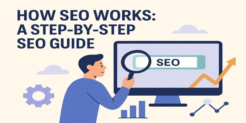 Flat digital illustration showing “How SEO Works: A Step-by-Step SEO Guide” with icons representing search, keywords, ranking, and analytics on a computer screen.