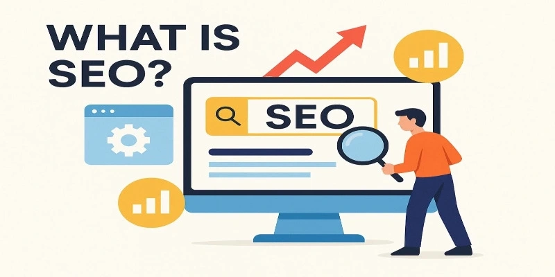 Illustration showing the concept of SEO with a person examining a computer screen displaying the word ‘SEO’ in a search bar, surrounded by icons of charts, gears, and an upward arrow representing growth and optimization.